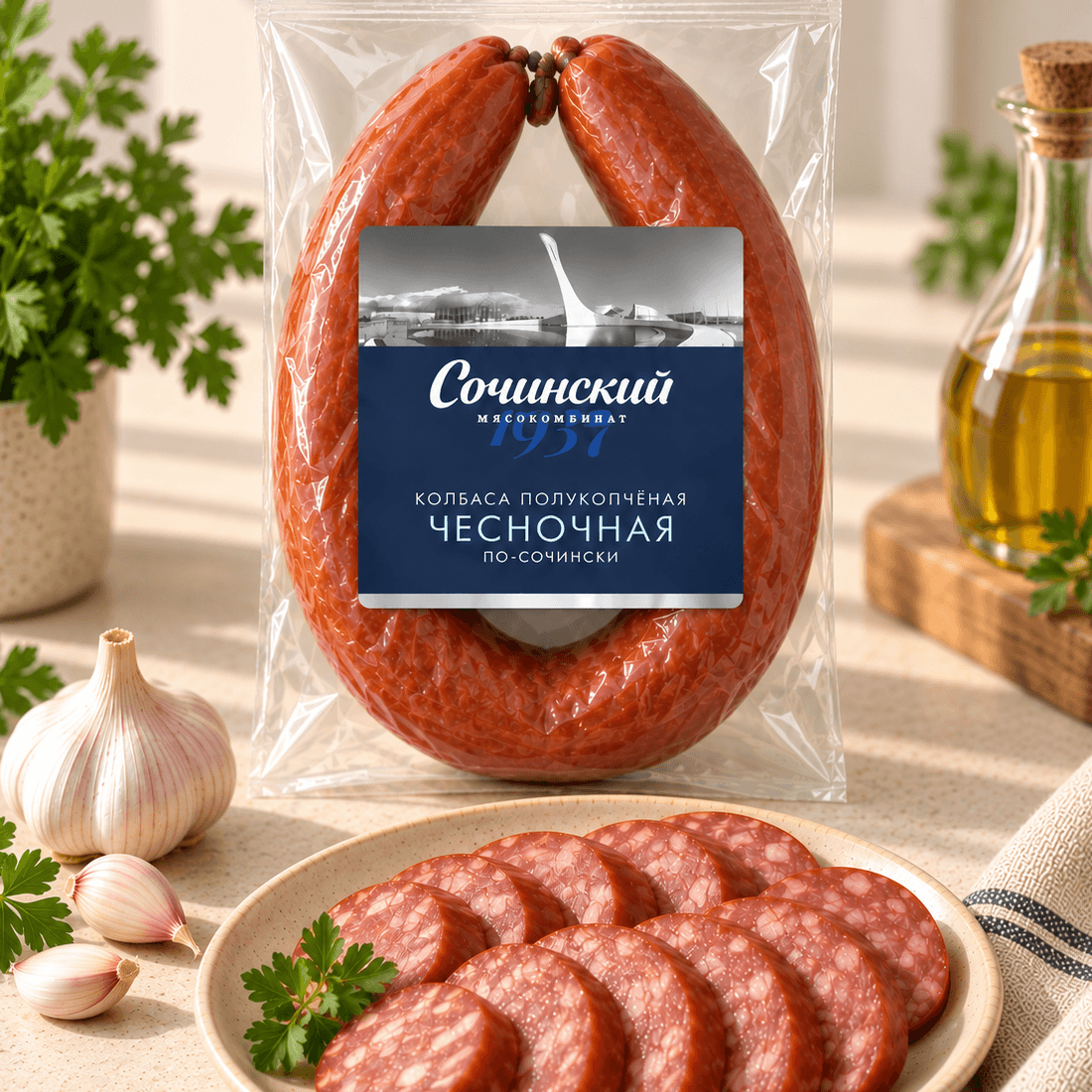 Колбаса сочинская чесночная Мама Ольга Сочинский м/к