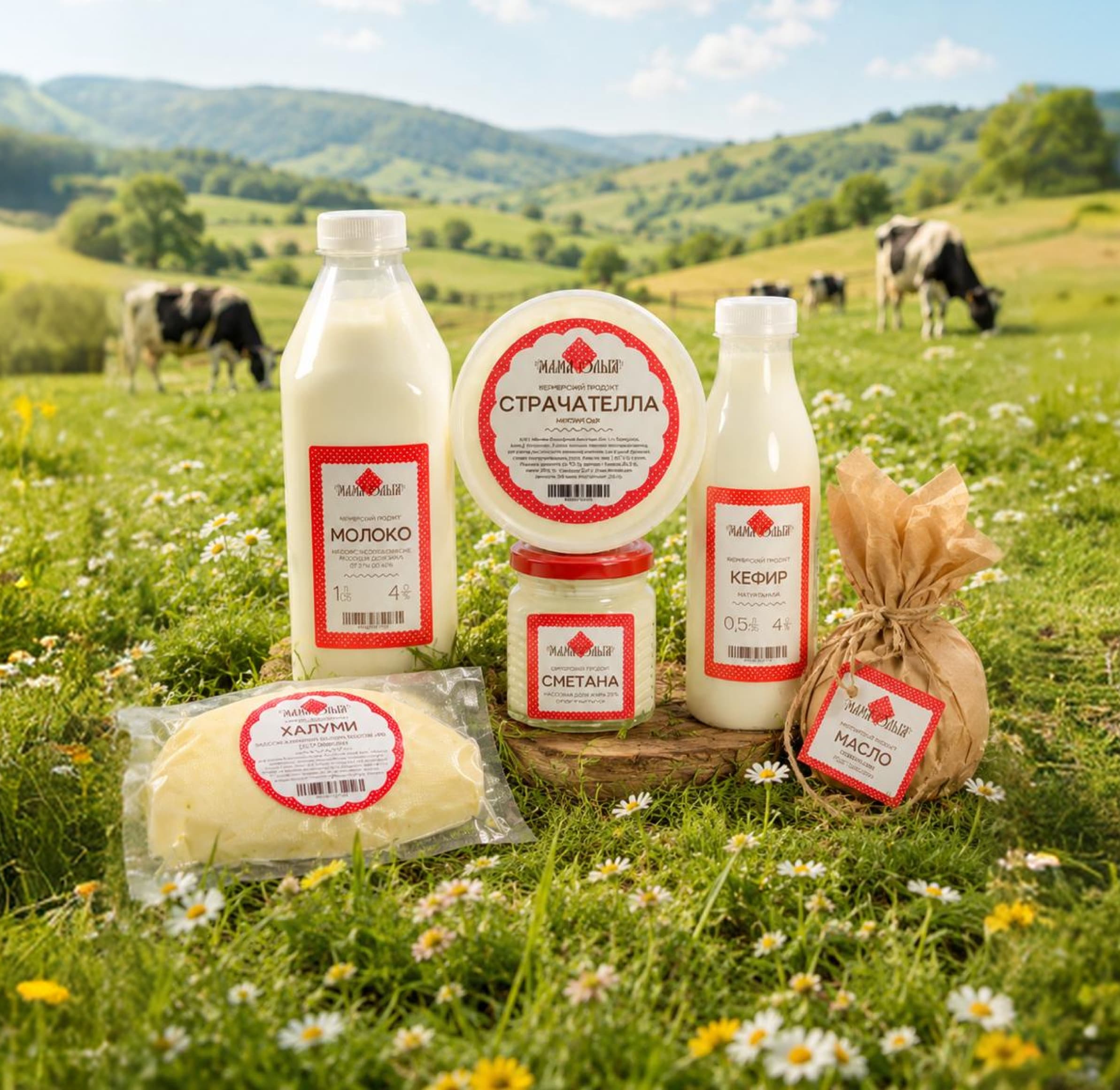Молоко, сыр, сметана и другие продукты «Мама Ольга» на летнем лугу